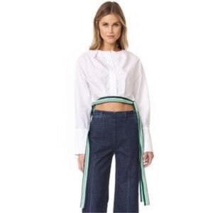 Diane Von Furstenberg white crop blouse with striped tie-side
